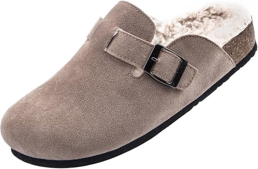 Cork Clogs for Women, Plush Lined Boston Clogs with Arch Support Cow Suede Leather Clogs Indoor Outd | Amazon (US)