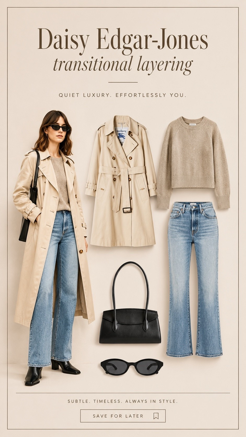 Daisy Edgar Jones proving once again that transitional layering is the formula. The relaxed trench, soft neutral knit, vintage wash denim, and sleek black accessories feel effortless, elevated, and very quiet luxury. This is the kind of outfit that works from cool mornings to late dinners without ever trying too hard.

Everything is timeless, wearable, and endlessly repeatable for spring layering season.

#daisyedgarjones #transitionalstyle #quietluxury #springstyle