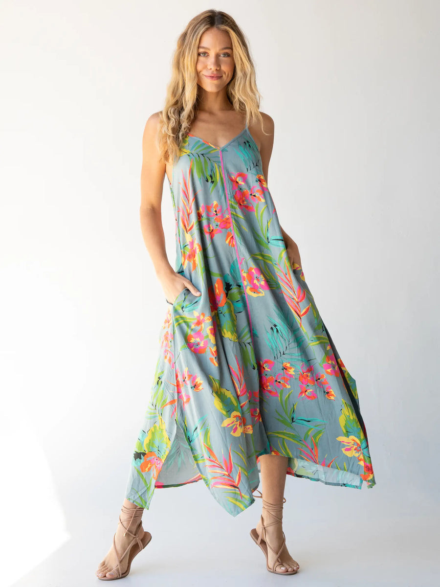 Katrina Midi Slip Dress - Light Blue Neon Floral | Natural Life
