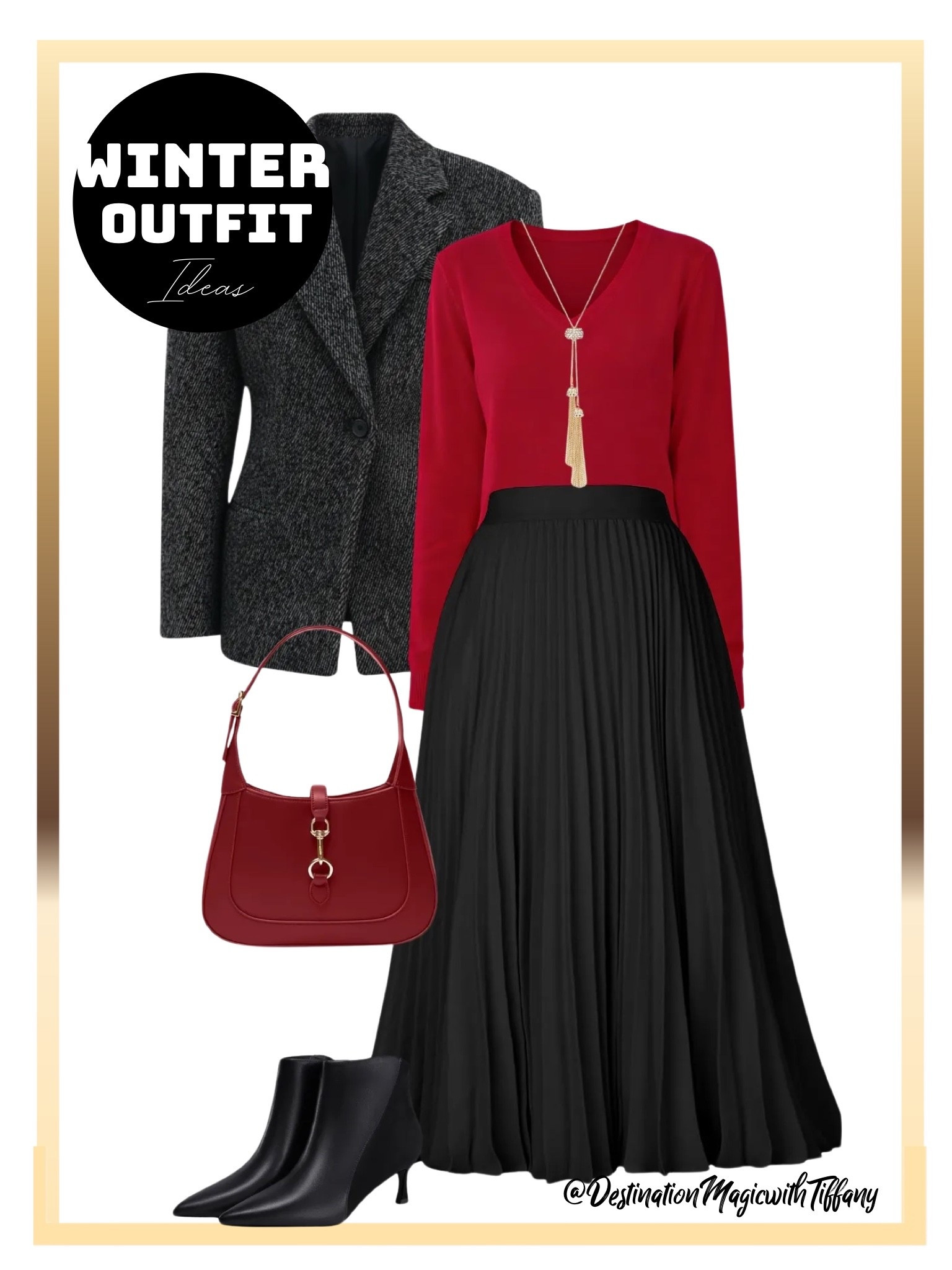 This everyday magic winter outfit is the perfect mix of polished and wearable. A bold red top paired with a flowy pleated midi skirt creates a timeless silhouette that feels both feminine and sophisticated. Layered with a tailored blazer, this look transitions effortlessly from workdays to dinner plans.

Finished with sleek ankle boots and a structured shoulder bag, this outfit is ideal for winter events, holiday gatherings, or everyday moments that call for a little extra polish. Classic pieces, rich color, and effortless styling come together for a look you’ll wear on repeat.

#EverydayMagic #WinterOutfitInspo #CapsuleWardrobe #EffortlessStyle #LTKFinds #ChicEveryday #WorkToWeekend #DestinationMagicWithTiffany

#LTKootd