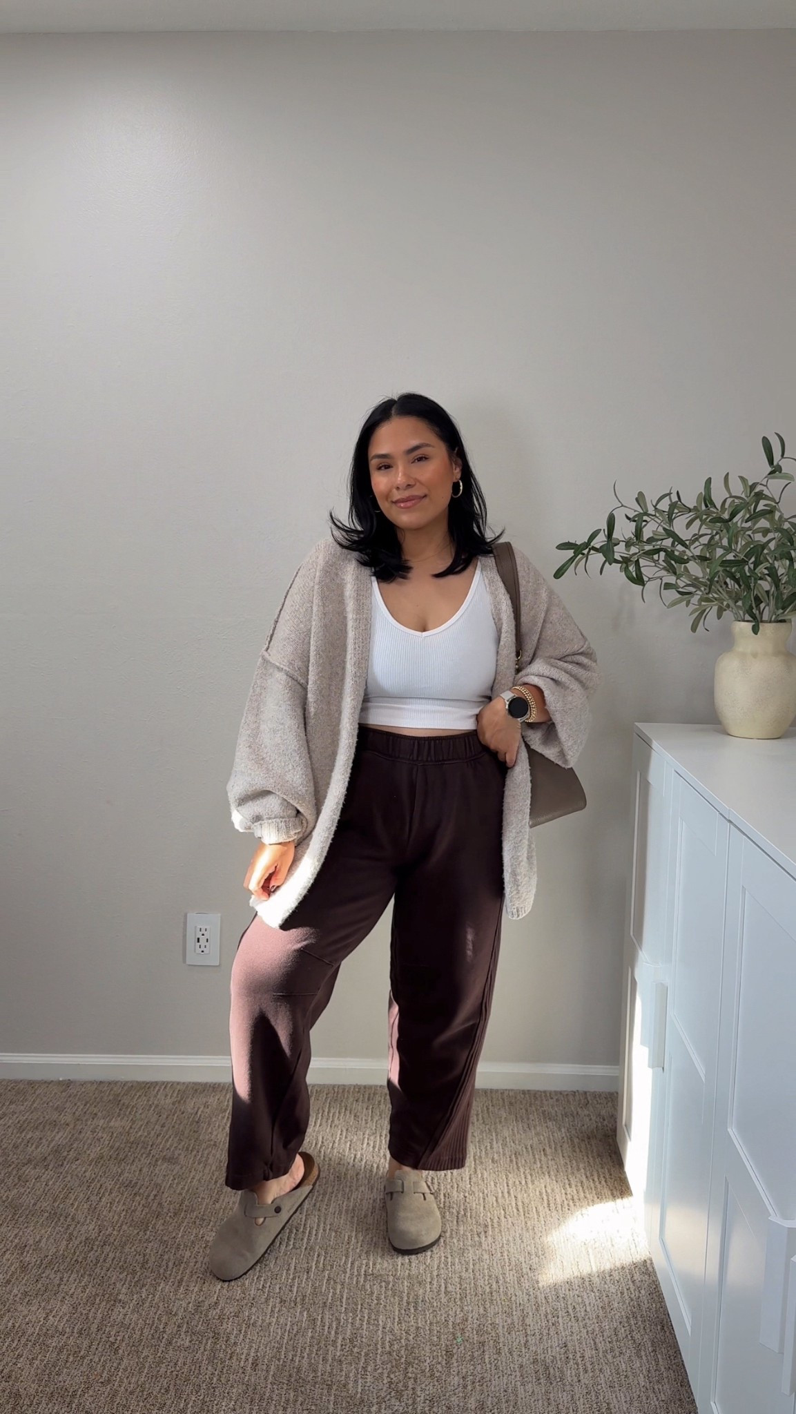 Cozy everyday mom outfit! 
Cardigan-Large
Tank top- Large 
Pants- Medium 