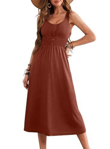 Dokotoo Sun Dresses for Women 2025 Spring Summer Casual Sleeveless Button Down Smocked High Waist A-Line Cute Swing Midi T-Shirt Dress Wedding Guest Dresses Travel Resort Wear Sundress Brown Small | Amazon (US)