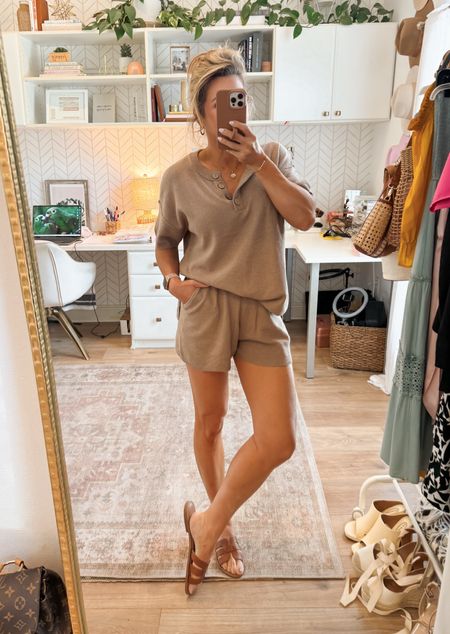 Summer shorts set, summer outfit, casual outfit, elastic waist shorts with pockets, two piece shorts set, neutral outfit, sandals

#LTKOver40 #LTKStyleTip #LTKShoeCrush
