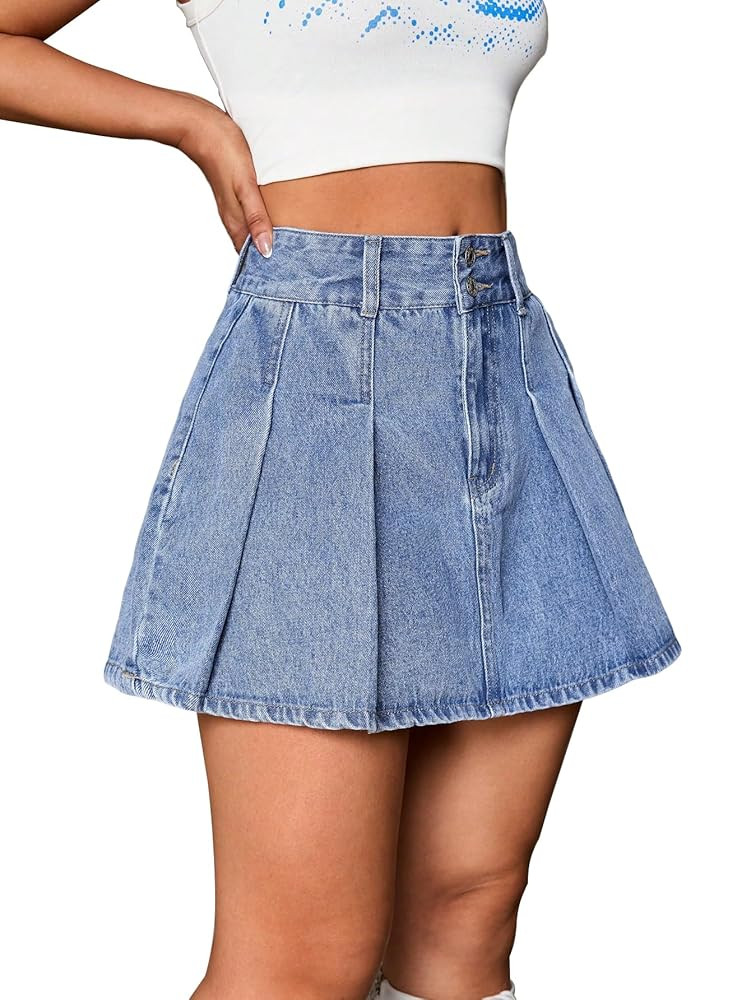 WDIRARA Women's High Waist Button Pleated Hem Skater A Line Streetwear Mini Denim Skirt | Amazon (US)