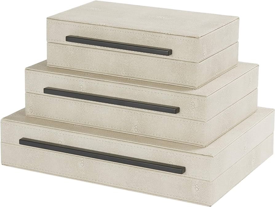 Kingflux Ivory Shagreen Leather Set of 3 Decorative Box with Black Metal Handles,Storage Boxes Wi... | Amazon (US)