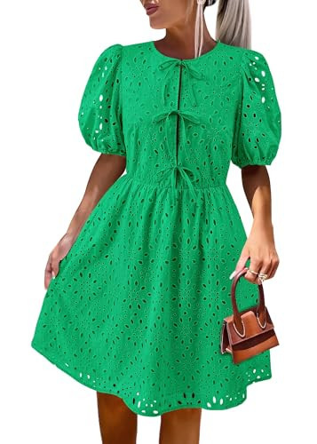 KIRUNDO Eyelet Summer Dresses for Women 2025 Short Sleeve Tie Front Babydoll A Line Wedding Guest Beach Vacation Sundress(Green, Small) | Amazon (US)