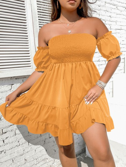 Plus Off The Shoulder Shirred Ruffle Hem Dress | SHEIN