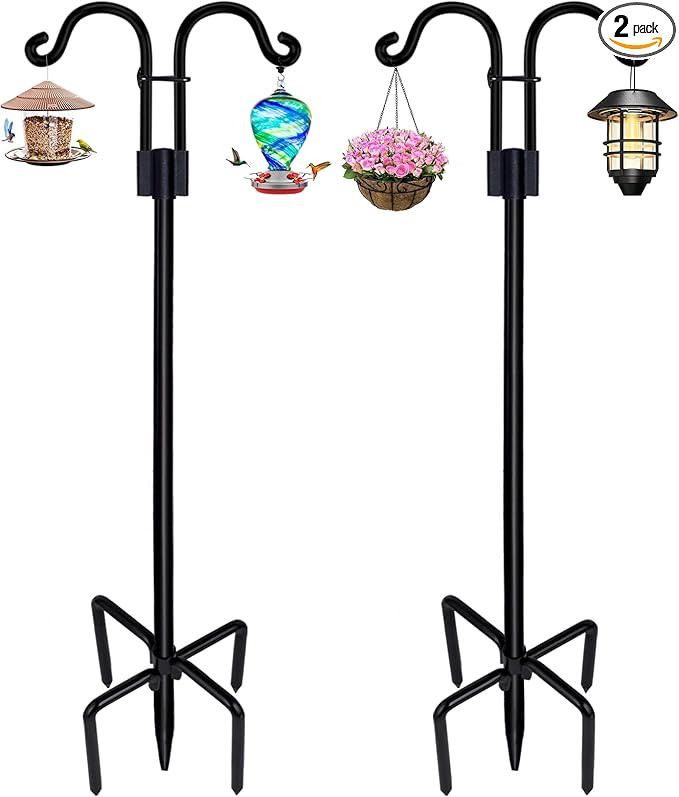 Double Shepherds Hooks for Outdoor, 2 Pack 76 Inch Bird Feeder Pole with 5 Prongs Base, Heavy Dut... | Amazon (US)