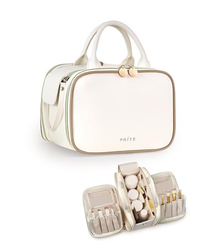 Prite Makeup Bag for Women, Large Capacity Waterproof Travel Cosmetic Organizer, Portable Open Flat Toiletry Bag with Free-standing Brush Holder and Handle(Beige Medium) | Amazon (US)