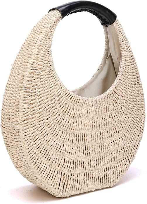 JOLLQUE Straw Bag for Women,Summer Hand Woven Small Hobo Handbag Purse,Solid Round Top-Handle Clu... | Amazon (US)