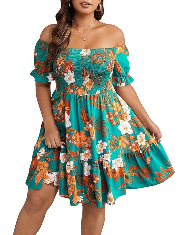 MakeMeChic Women's Plus Size Summer Dress Boho Floral Off Shoulder Short Sleeve Ruffle Flowy Swin... | Amazon (US)