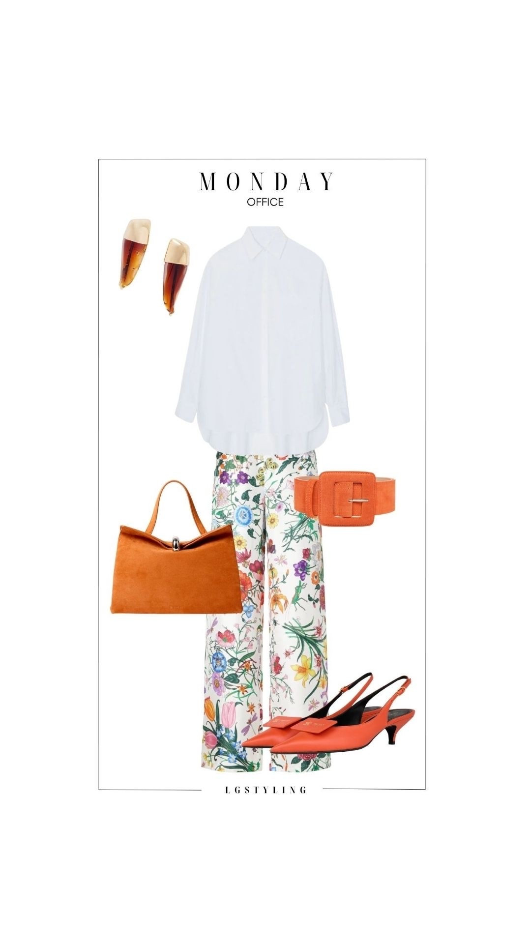 MONDAY — OFFICE
One white button-down, seven completely different moods 🤍 Starting the week with florals + a punch of orange. The oversized white shirt keeps a statement pant feeling polished, while coordinating accessories pull the color through from head to toe. Proof that your wardrobe basics don’t have to feel basic.