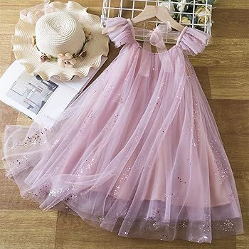 Amazon.com: NNJXD Flower Girl Princess Dress Sparkle Dots Tulle Summer Casual Wear 1954 Pink Size... | Amazon (US)