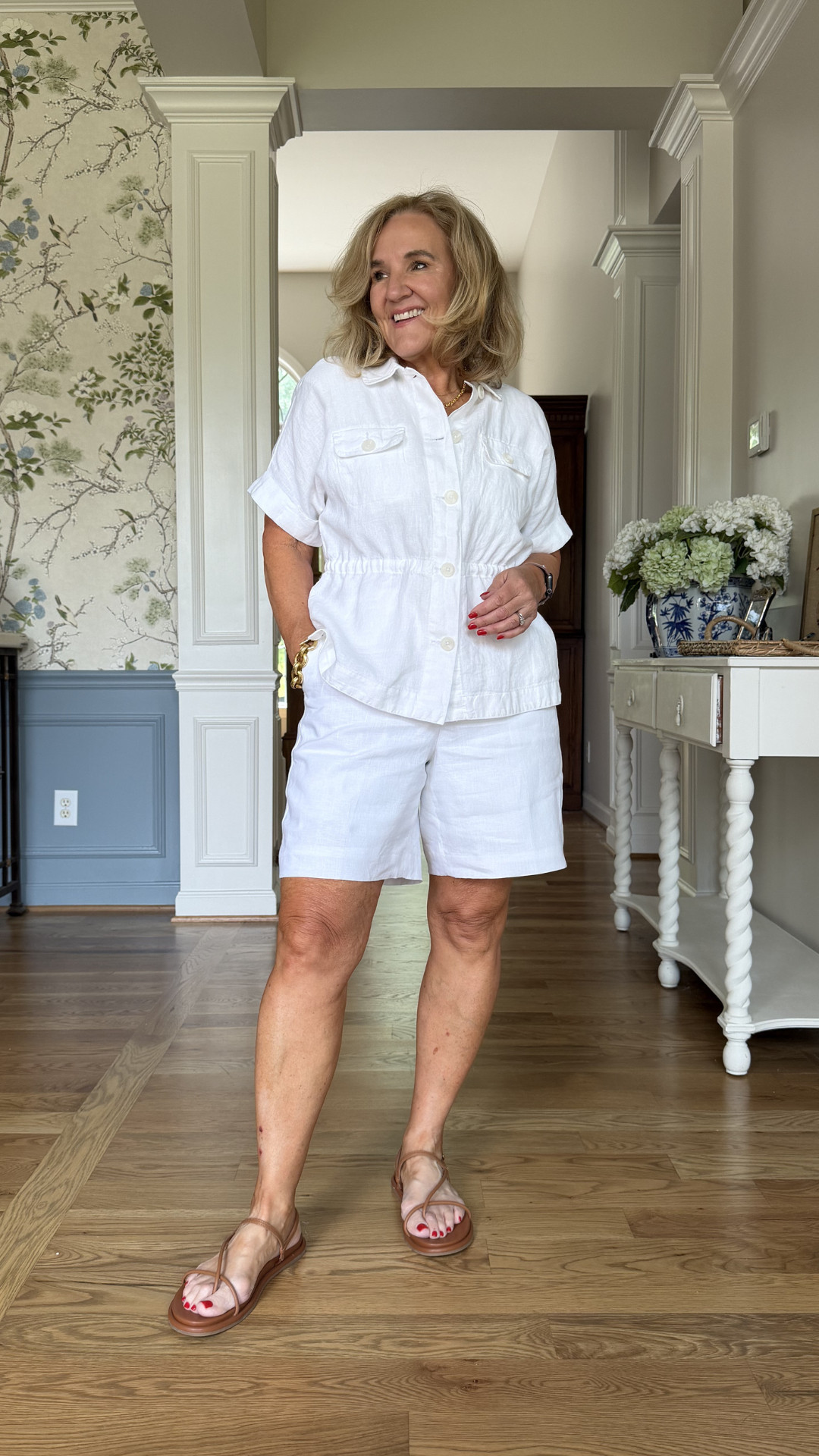Nothing says summer quite like an easy linen set 🤍 This lightweight white short set is cool, comfortable, and so effortless for warm days. Styled with simple leather sandals and gold jewelry for that relaxed polished look I love.  Perfect for vacation, brunch, errands, or everyday summer wear 🫶🏻 

 #LTKootd #LTKOver40 #LTKSaleAlert