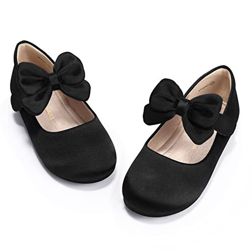 PANDANINJIA Girls Toddler/Little Kid Megan Dress Flats Shoes Pearls Bow Flower Girl Ballet Flat Mary Jane (Black Silk, 11 M US Little Kid) | Amazon (US)