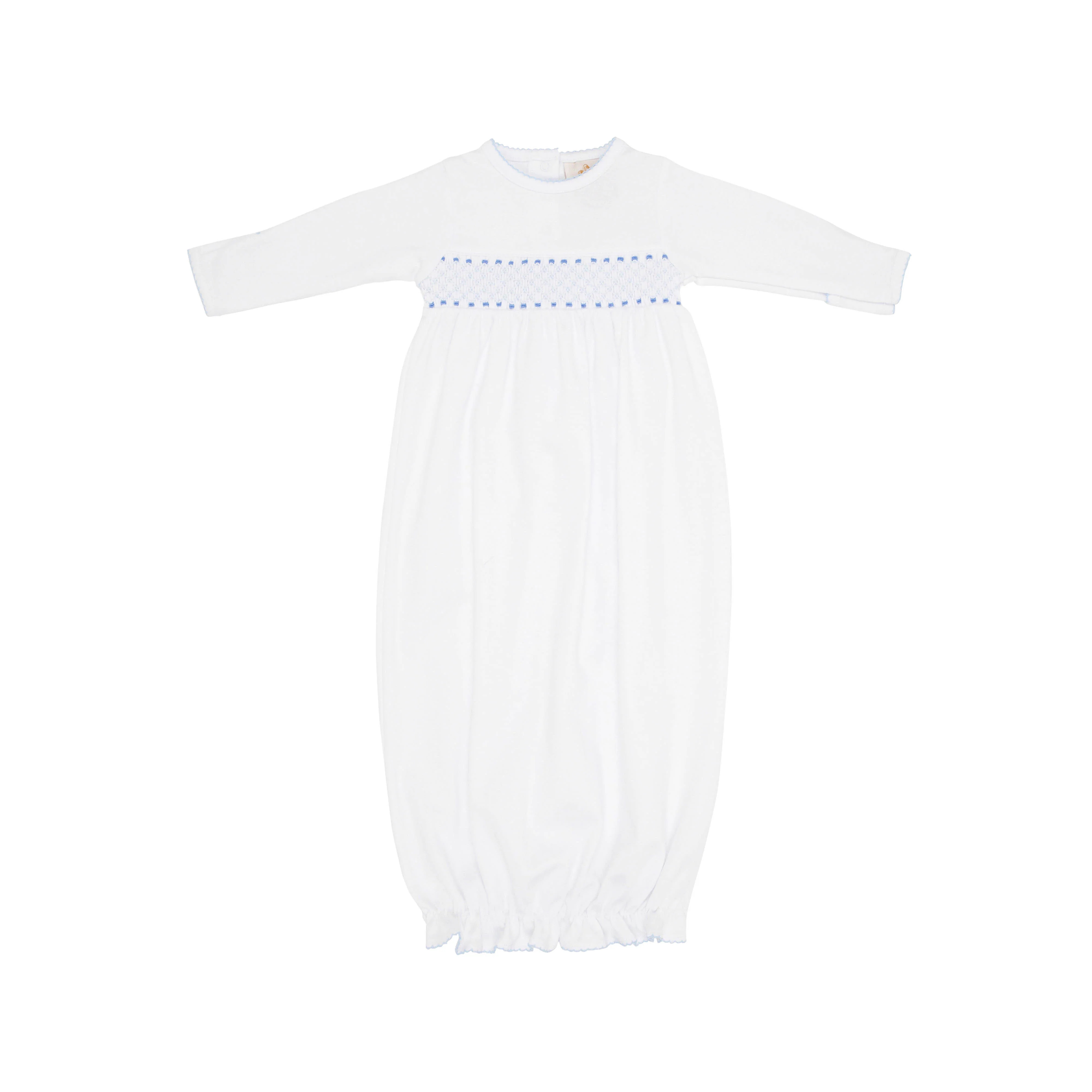 Sweetly Smocked Greeting Gown - Worth Avenue White with Buckhead Blue | The Beaufort Bonnet Company