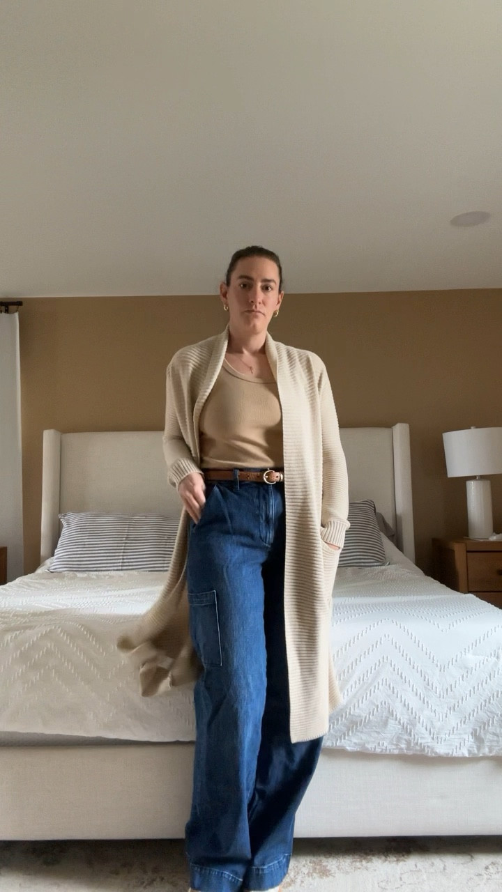 Feeling that cargo denim 💙
.
A wet, chilly spring day calls for a bit of warmth. Enter my dark denim cargo pants from Joes Jeans. I added a tan tank, long cardigan, and Sherpa accented sneakers. I finished the look off with a cinched waist belt, and simple gold hoops. 

#LTKstyletip #LTKSeasonal #LTKfindsunder100