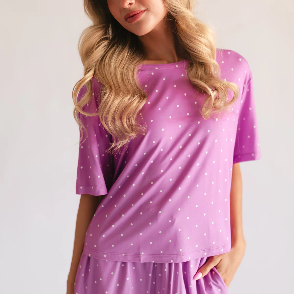 Women\u2019s Ruffle Short Set in Neon Purple Polka Dot | Silks Design