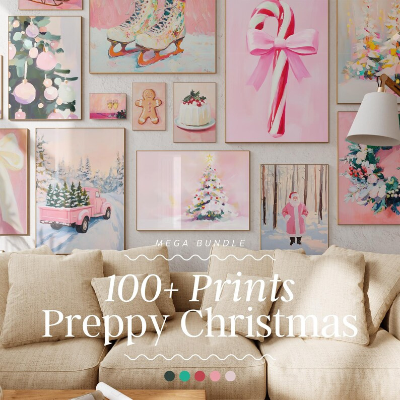 Preppy Christmas Wall Art Gallery Set | pink pastel christmas print, trendy christmas prints, pin... | Etsy (US)