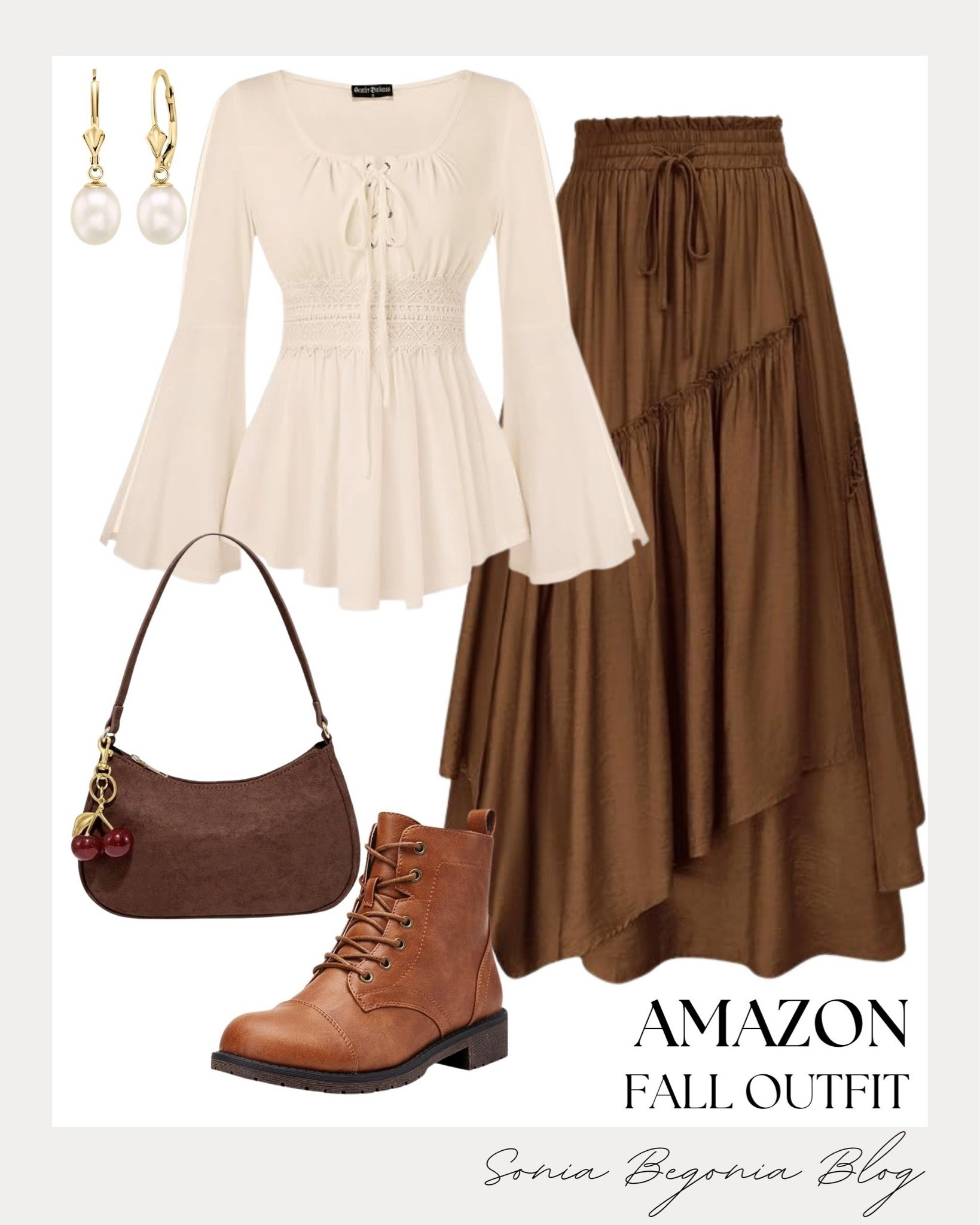 Boho-chic fall vibes! 🍂 I styled a cream lace-up peasant top with bell sleeves and paired it with a flowing brown tiered maxi skirt.
I completed the look with tan lace-up combat boots, a brown suede shoulder bag with a cute cherry charm, and drop pearl earrings. ✨