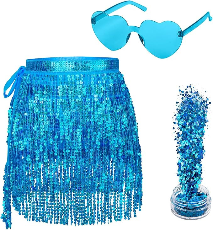 Sequin Skirt - Belly Dance Hip Scarf Sequin Tassel Skirt Fringe Skirt Rave with Heart Sunglasses ... | Amazon (US)