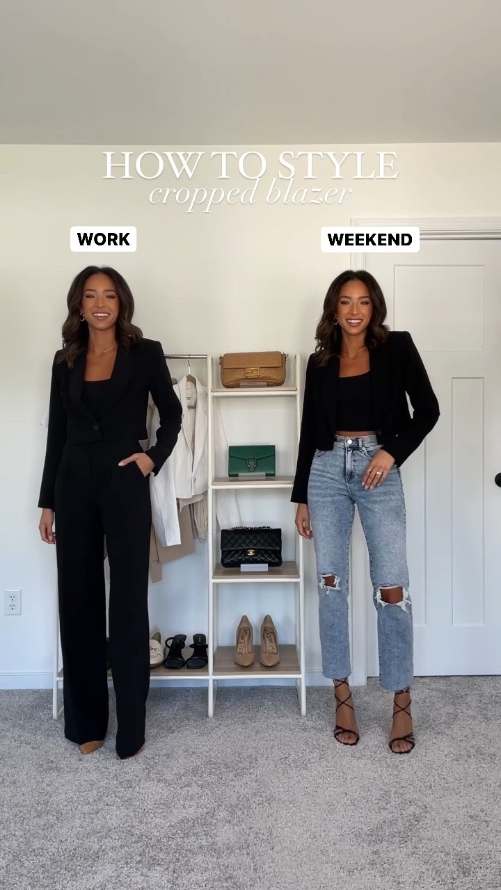 XS cropped blazer, XS body contour tank, 0 long black wide leg trousers, 0 long distressed denim, shoes fit TTS 

#LTKunder100 #LTKstyletip #LTKworkwear