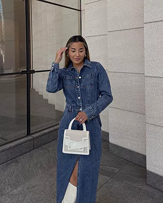 Alison Midi Dress - Long Sleeve Front Split Denim Dress in Mid Blue Wash | Showpo (US, UK & Europe)