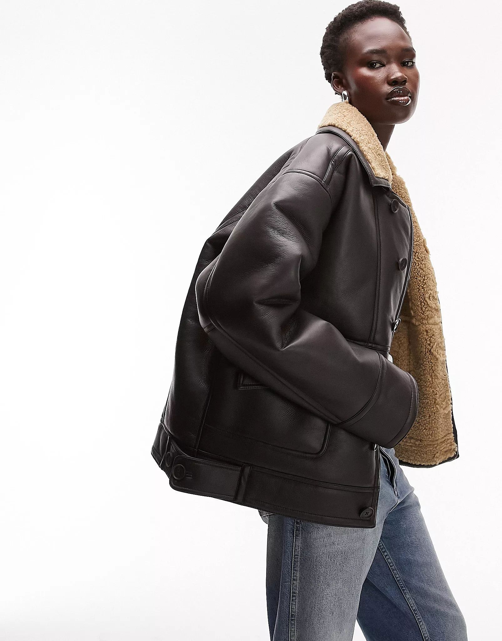 Topshop Tall faux leather shearling oversized car coat with borg lining in brown | ASOS (Global)