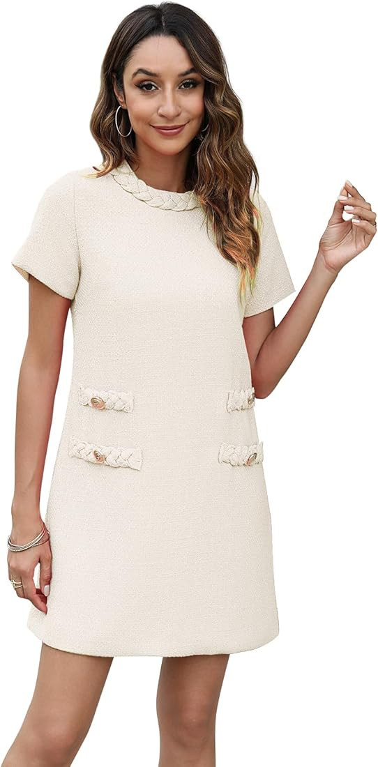 LifeShe Women's Tweed Jackie Dress Elegant Casual A-line Crew Neck Short Sleeve Bodycon Business ... | Amazon (US)