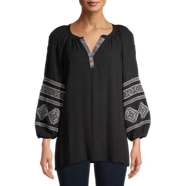 The Pioneer Woman Embroidered 3/4 Sleeve Peasant Tunic, Womens | Walmart (US)