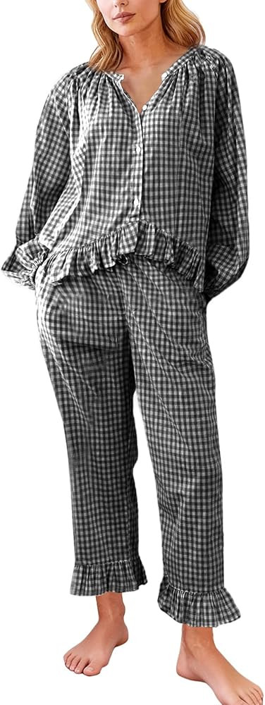 Flygo Womens Plaid Pajamas Sets 2 Piece Cotton Pj Set Puff Sleeve Ruffle Babydoll Shirt Gingham P... | Amazon (US)