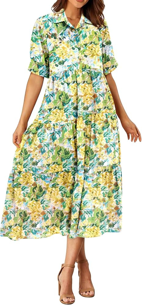 PRETTYGARDEN Summer Dress for Women Short Sleeve Button Up Ruffle A Line Flowy Maxi Dresses | Amazon (US)