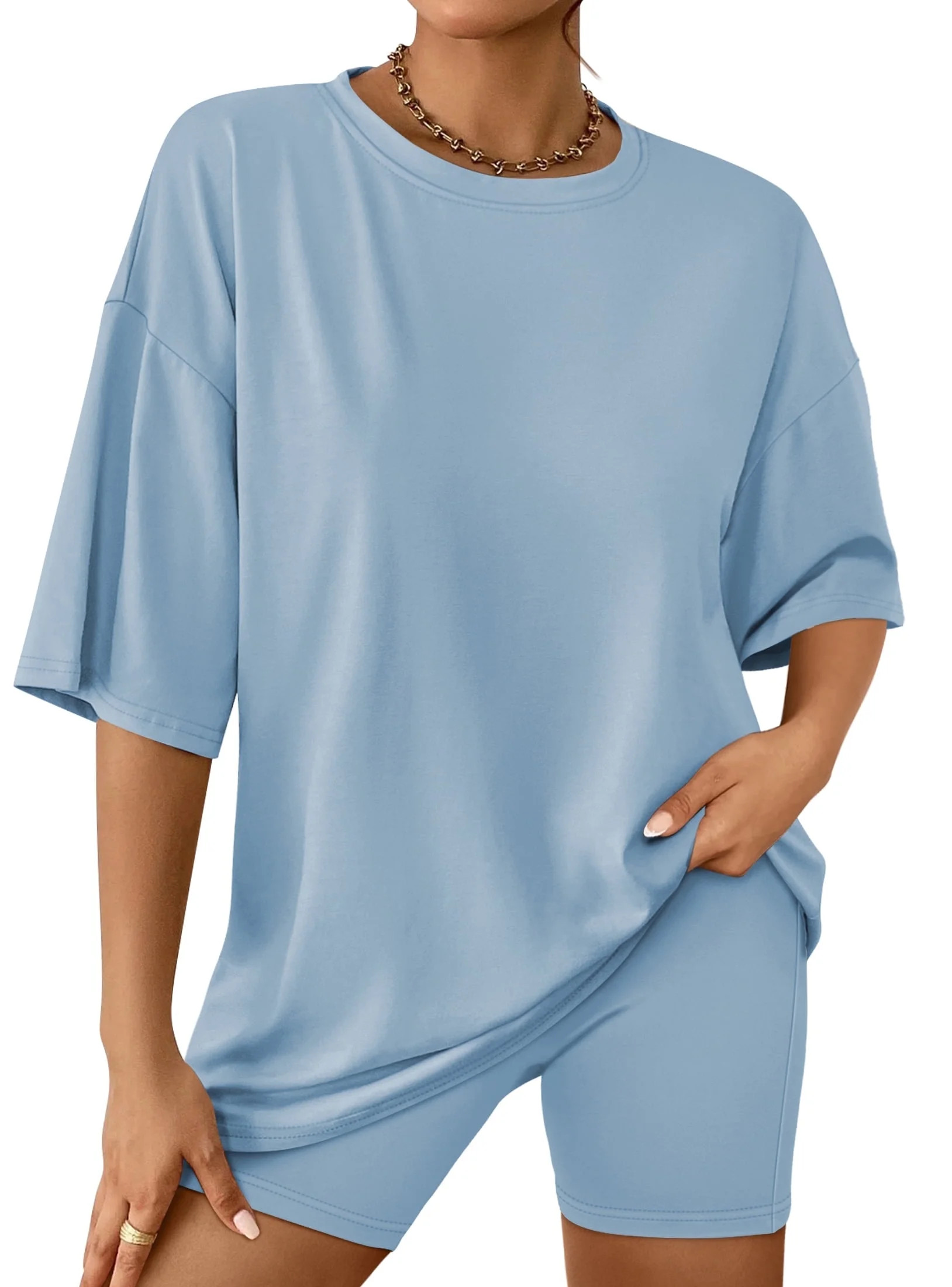 SUNBS 2 Piece Outfit for Women Lounge Sets Oversized Tshirts Matching Biker Short Summer Clothing... | Walmart (US)