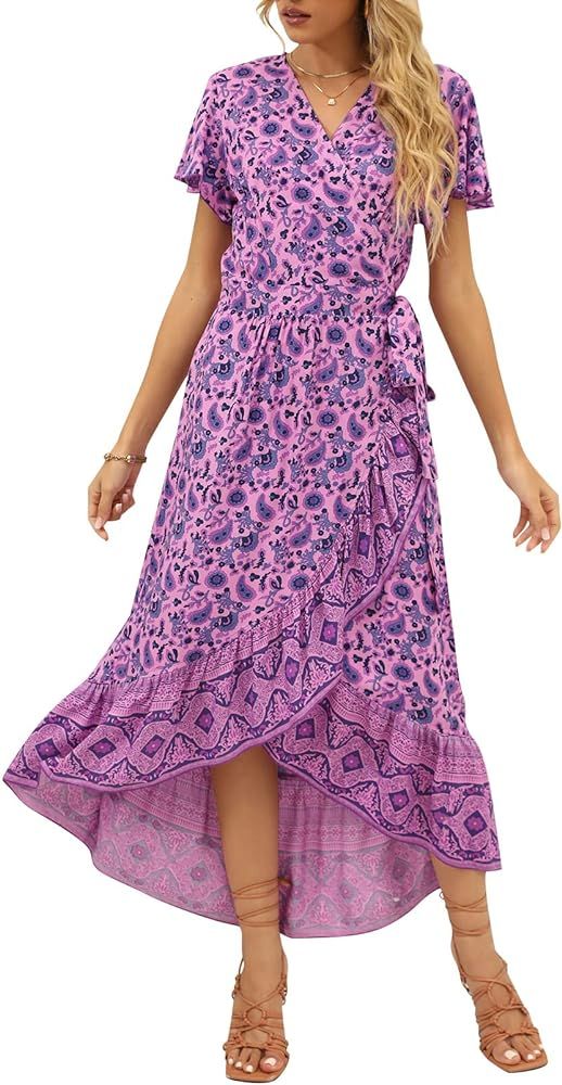 ZESICA Women's Summer Bohemian Floral Printed Wrap V Neck Beach Party Flowy Ruffle Midi Dress,Lig... | Amazon (US)