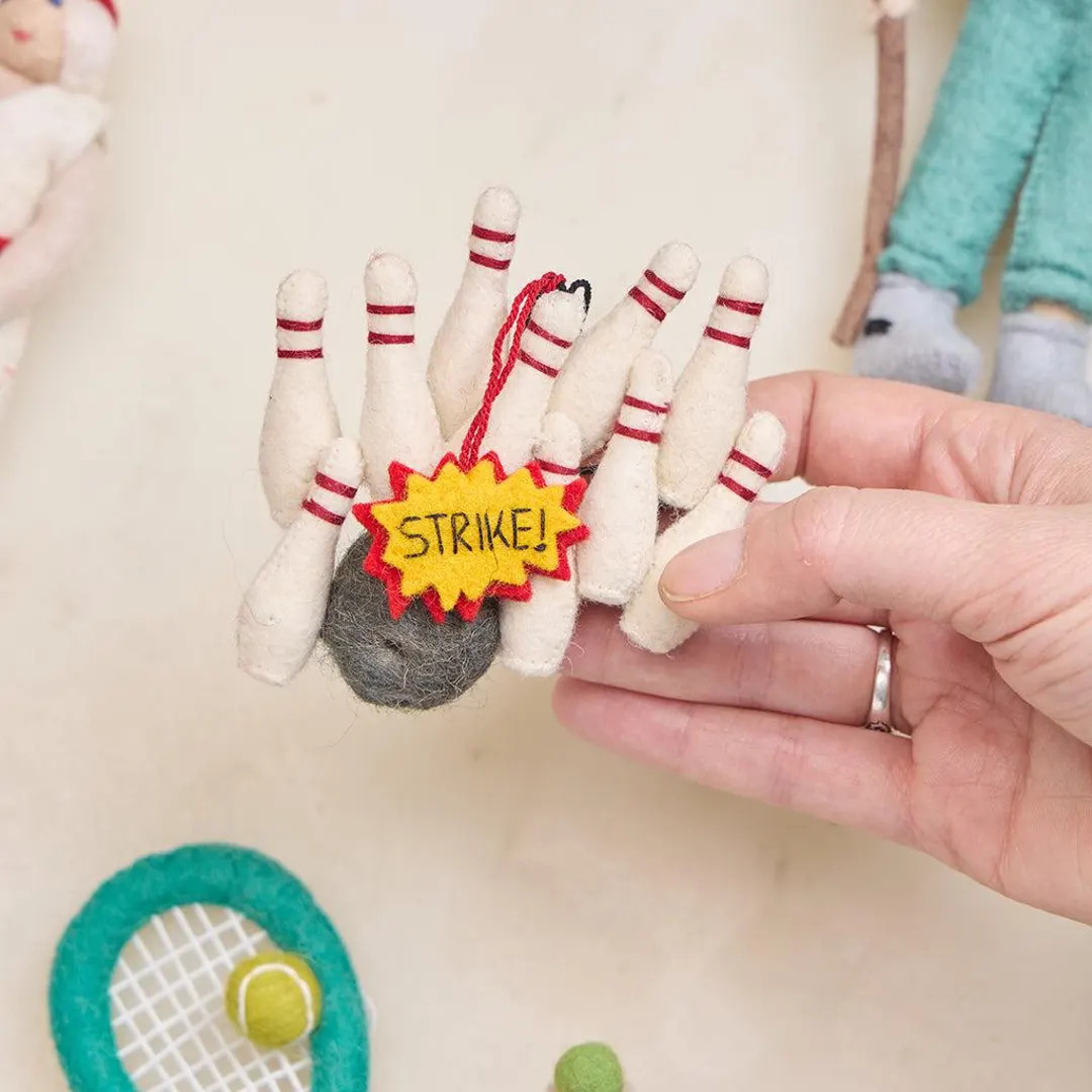 Bowling Ball with Pins Ornament, Hand Felted Game Charm, Handmade Sports Decor | Etsy (US)