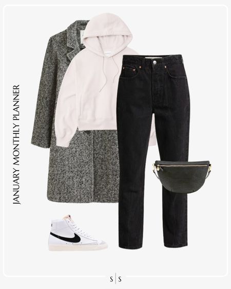 Monthly outfit planner: JANUARY: Winter looks | marled pea coat, hooded sweatshirt, black jean, Nike blazer, belt bag 

See the entire calendar on thesarahstories.com ✨ 

#LTKstyletip