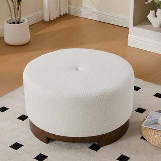 Anthea Modern Beige Upholstered Boucle Fabric Round Accent Ottoman with Solid Wood Base | The Home Depot