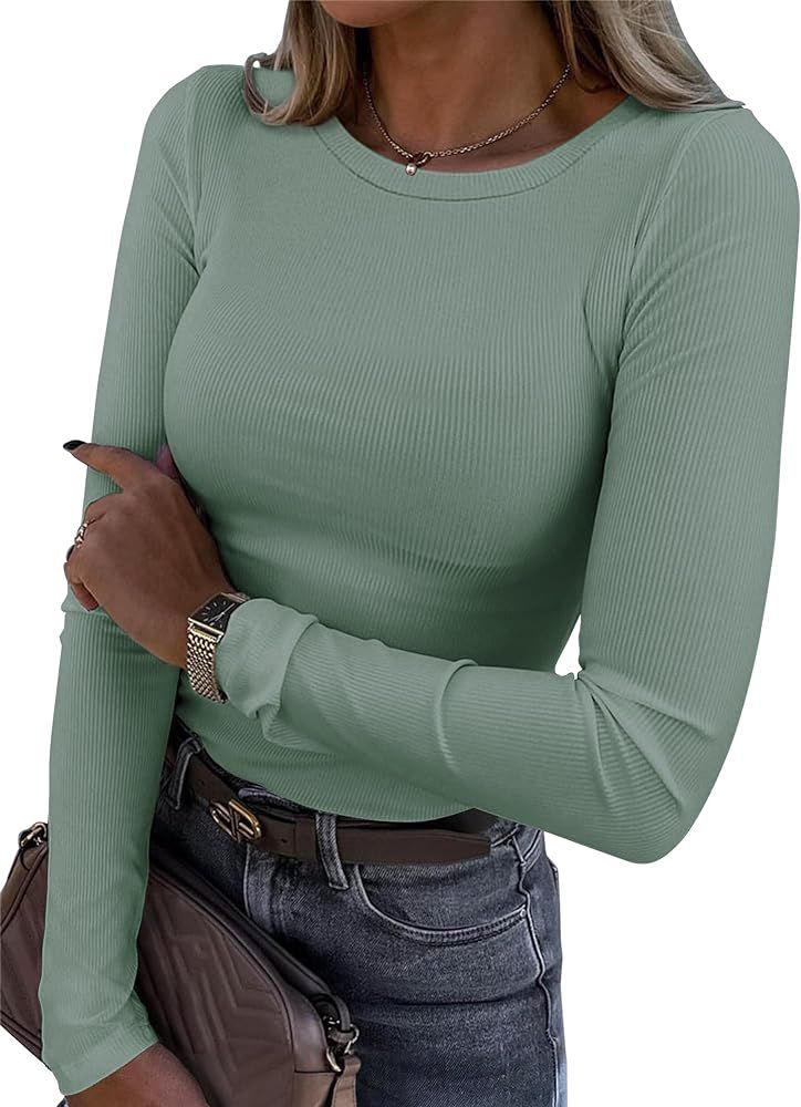 Roselux Womens Long Sleeve Stretch Crewneck Ribbed T-Shirt Fitted Casual Basic Tops | Amazon (US)