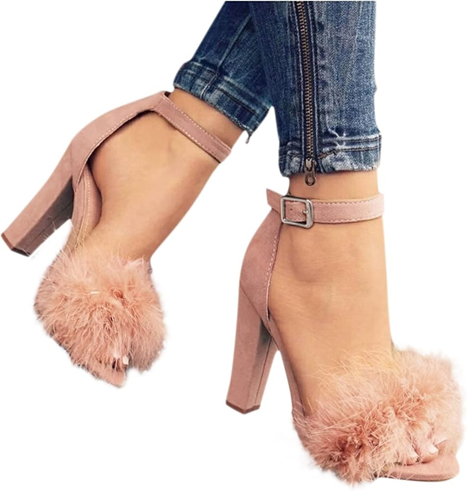 Cenglings Womens Open Toe Fluffy Heeled Ankle Strap Sandals | Amazon (US)