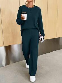 SHEIN Unity Drop Shoulder Half Button Tee & Pants SKU: sw2211043090089982(100+ Reviews)$21.49$20.... | SHEIN