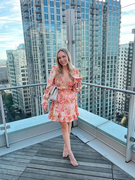 Spring dress, floral dress, long sleeve dress with cutout, beige heels, beige purse, girls night outfit, spring outfit, rooftop outfit 

#LTKunder100 #LTKshoecrush #LTKSeasonal