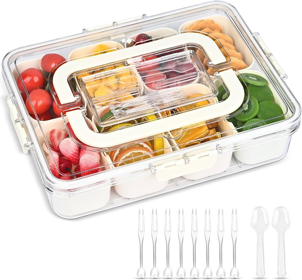 Divided Serving Tray with Lid, Snackle Box Container with Lid,Snack Box Container with Cutlery St... | Amazon (US)
