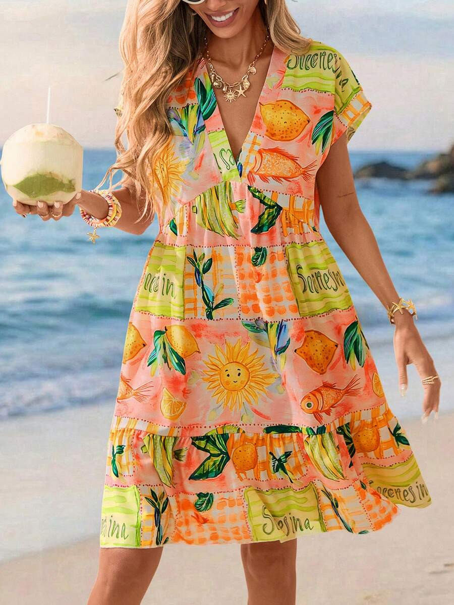 Sylviya Casual Women's Vacation Doll Silhouette Printed Dress,Vacation Summer Dress Summer Outfit... | SHEIN