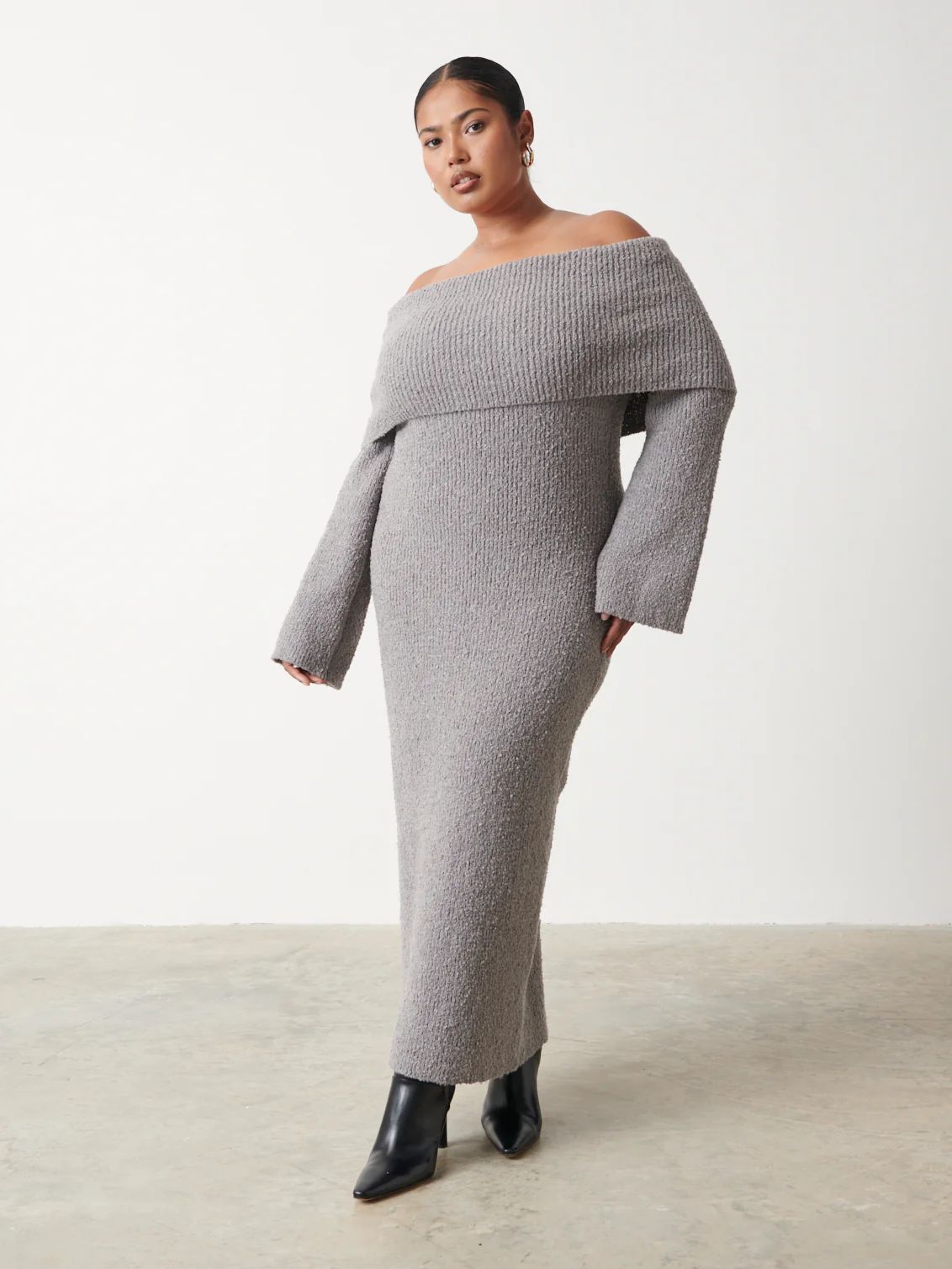 Elodie Midaxi Bardot Knit Dress Curve - Grey | Pretty Lavish (UK)