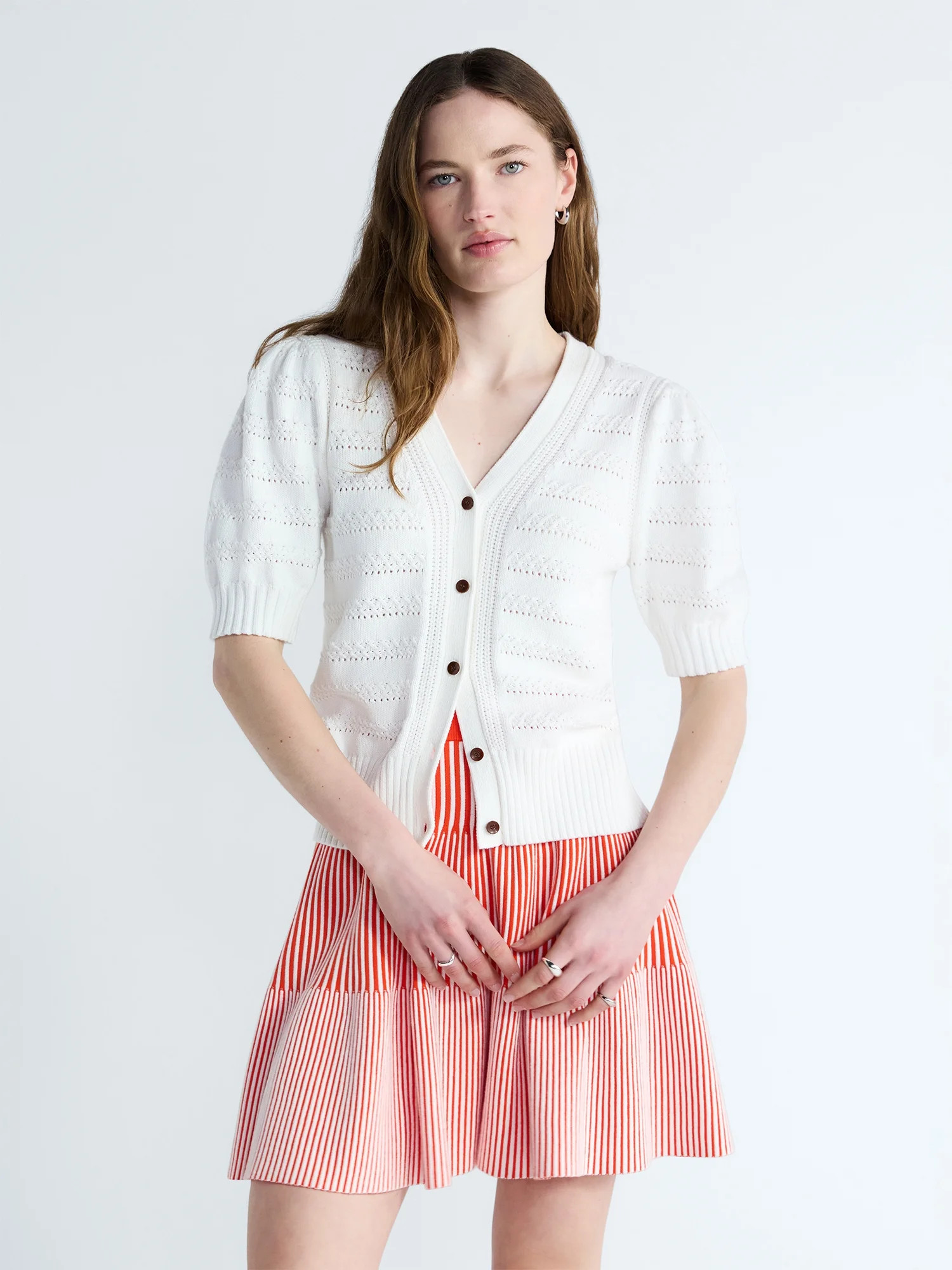 Free Assembly's Women's Cotton Crochet Cardigan Sweater with Puff Sleeves, Sizes XS-4X | Walmart (US)