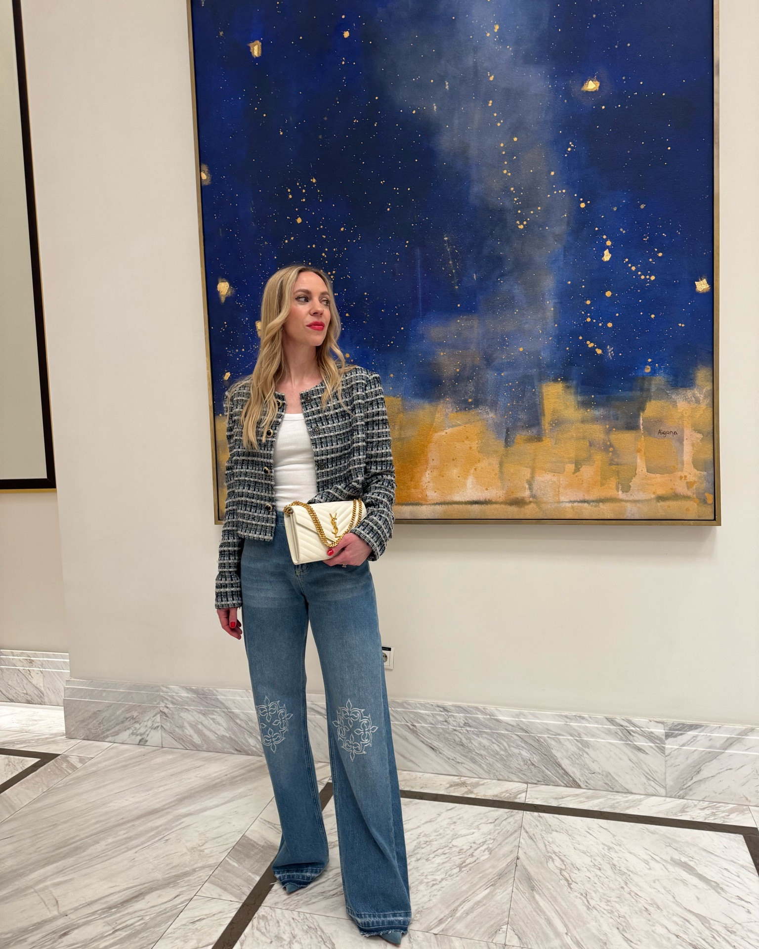 Date night outfit, tweed jacket, wide leg embroidered jeans, blue suede pumps, YSL clutch

#LTKSeasonal #LTKOver40 #LTKSaleAlert