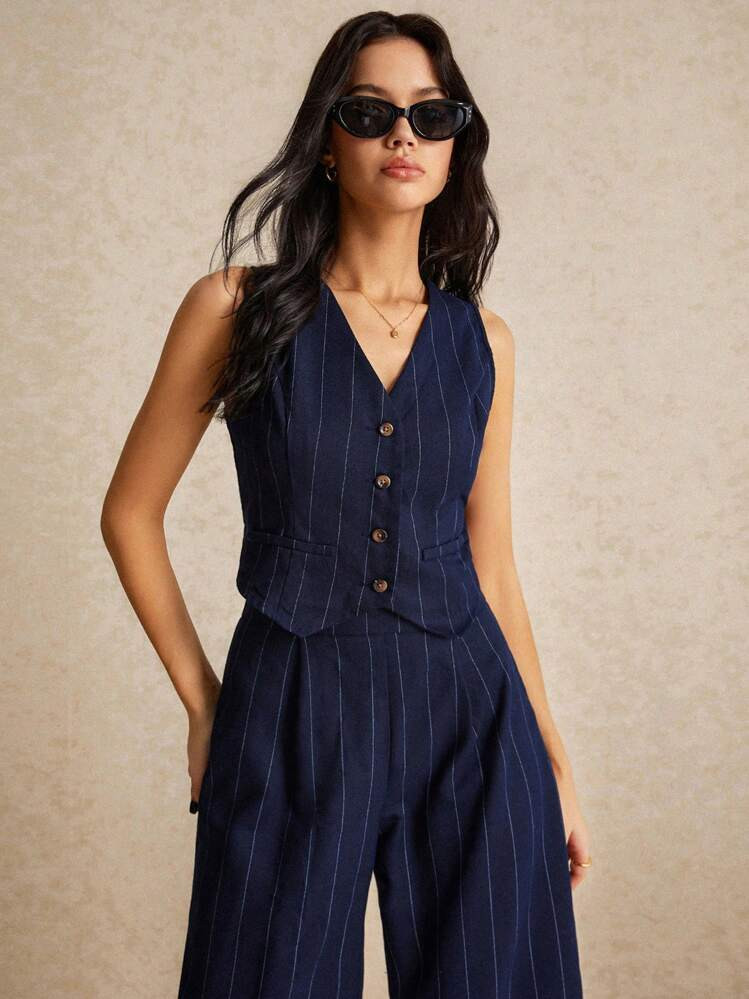 Loose Striped Vest Suit Pants Set,Navy Blue And White,Summer,Casual,Bissness Office Wear Women Set,Old Money Two Pieces,Easy Fashion Essentials,24 FW | SHEIN