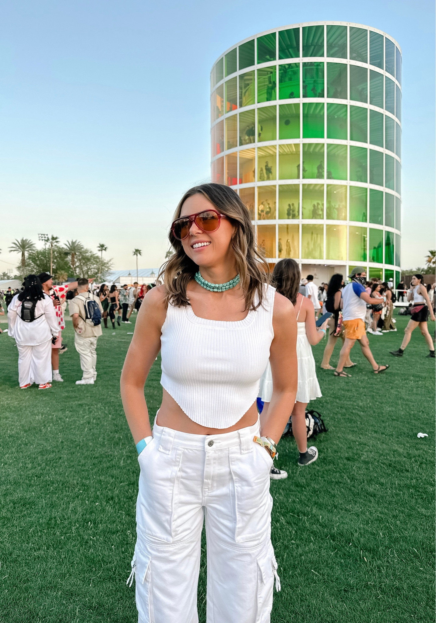 Coachella outfit, festival outfit, cargo pants, white cargo pants, cargo jeans, blue necklace, choker, white tank, white crop top

#LTKunder100 #LTKunder50 #LTKstyletip