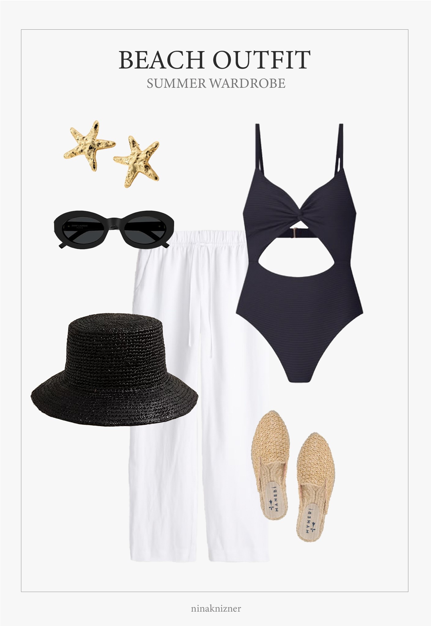 Minimal Beach Outfit with a hint of flair.. 

Loving this super cute black one piece bathing suit by Lspace. The keyhole cutout is everything. Paired with a lightweight white pant, handmade straw mules by Manebi, and a black straw bucket hat. 

Accessorized with black oval sunglasses and kept it playful with the fun starfish statement earrings that echo the yellow tones of the mules. 

Vacation outfits | Sandals | Quiet Luxury | Luxury on a Budget | Summer Travel | Summer Outfit | Cover Up


#beachwear #summeroutfit
#capsulewardrobe #modernluxe #quietluxury #neutraloutfits #swim #onepiece

#LTKSummerEdit #LTKSeasonal #LTKSwim #LTKStyleTip