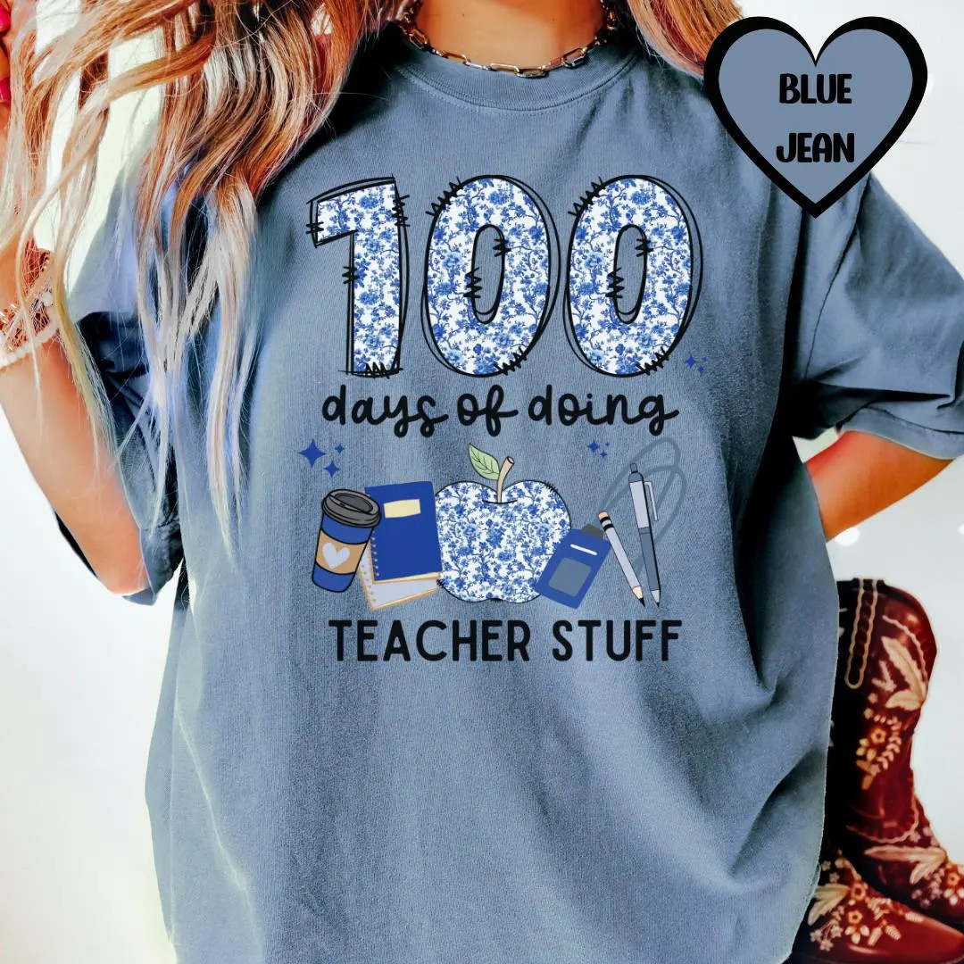 100 Days of School Shirt, Teacher Chinoiserie Shirt, 100 Days of Doing Teacher Stuff, Blue Floral... | Etsy (US)
